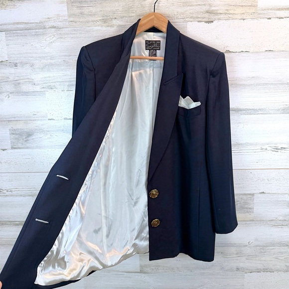 Vintage 90s Suzelle Silk Blazer Navy Gold Buttons Old Money Power Blazer 10 - Picture 6 of 11